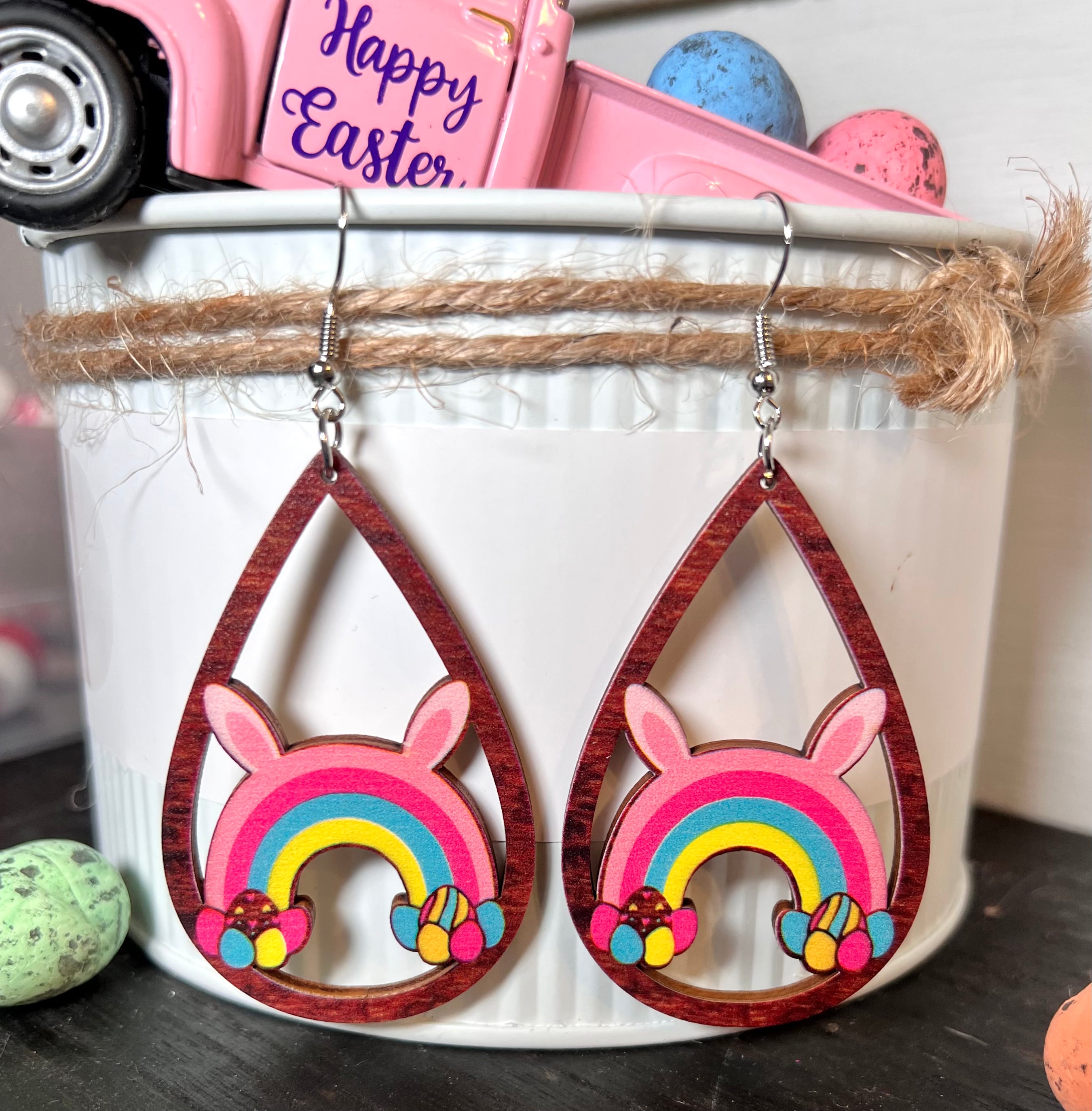 6 Easter Bunny Ears & Rainbow Teardrop Wooden Earrings – Pretty