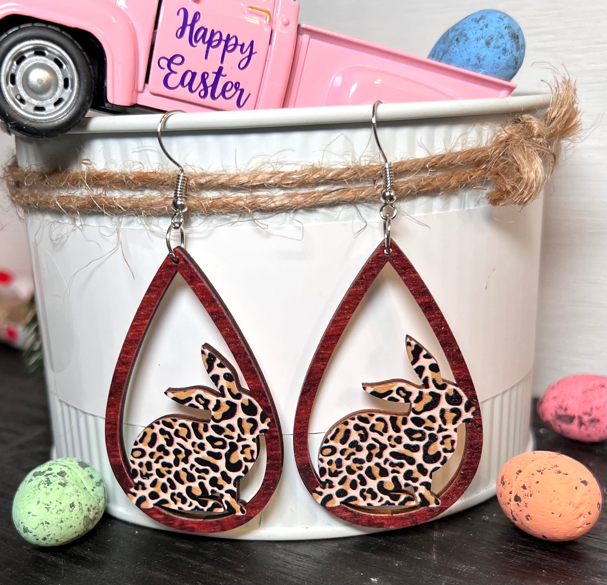 Colorful Teardrop Easter Rabbit Wooden Drop Dangle Earrings Bunny Carrot  Egg Double Sided Leopard Print for Women Girls Lovely Handmade Jewelry 