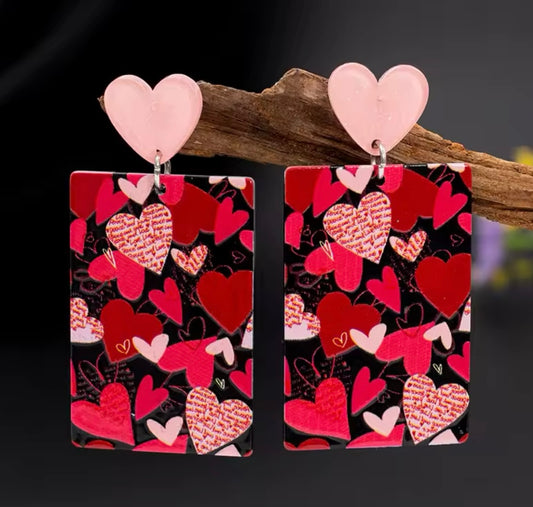 PREORDER VALENTINES DAY ROUND ONE Hearts Rectangle Acrylic Earrings.