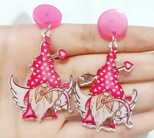 PREORDER VALENTINES DAY ROUND ONE Cupid Gnome Acrylic Earrings.