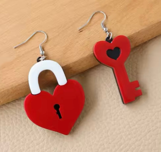 PREORDER VALENTINES DAY ROUND ONE Red Lock & Key Acrylic Earrings.