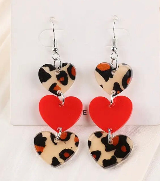 PREORDER VALENTINES DAY ROUND ONE Red Leopard Triple Heart Acrylic Earrings.