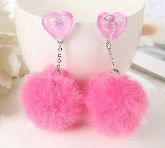 PREORDER VALENTINES DAY ROUND ONE Hot Pink Heart Pom Pom Earrings