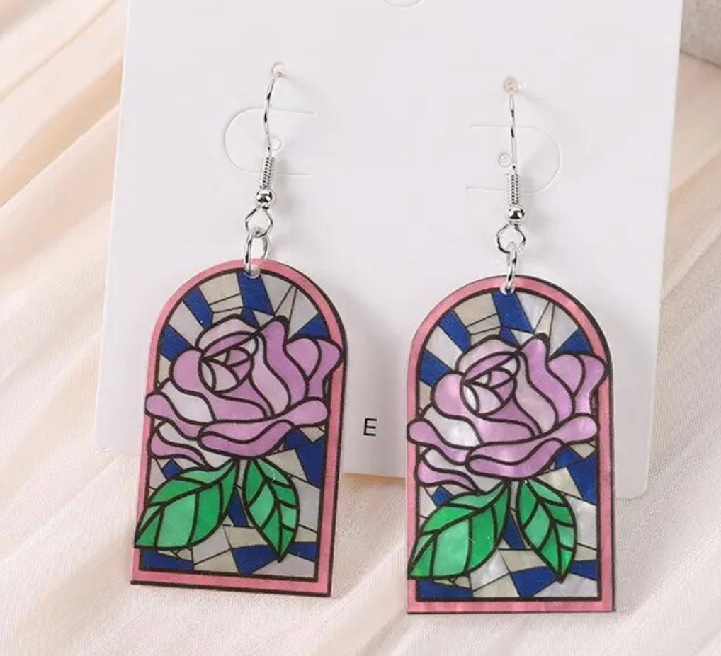 PREORDER VALENTINES DAY ROUND ONE Light Pink Rose Stain Glass Acrylic Earrings