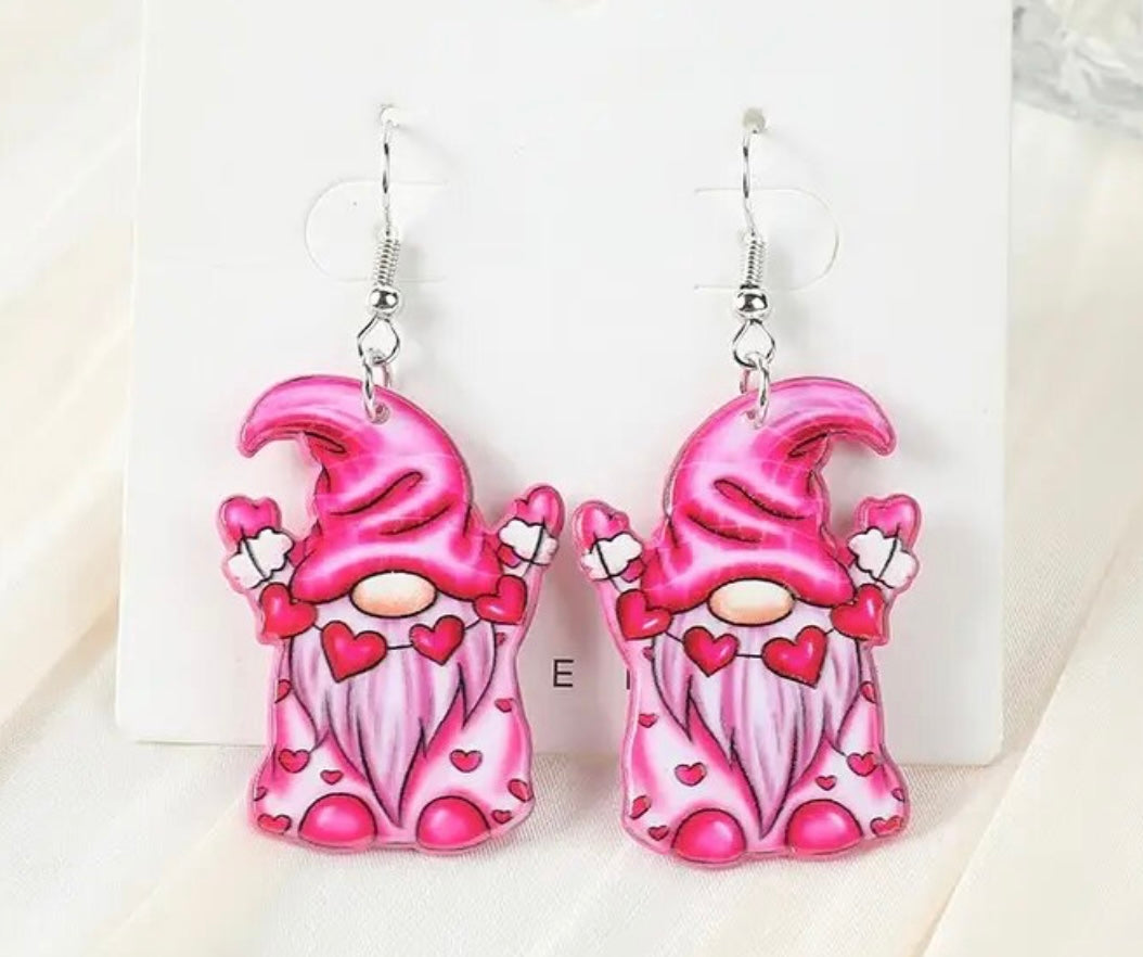 PREORDER VALENTINES DAY ROUND ONE Pink Hearts Gnome Acrylic Earrings