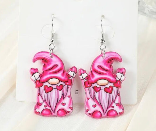 PREORDER VALENTINES DAY ROUND ONE Pink Hearts Gnome Acrylic Earrings