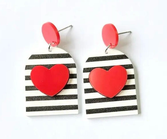 PREORDER VALENTINES DAY ROUND ONE Red Heart Black Stripe Acrylic Earrings