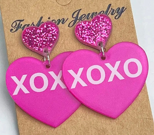 PREORDER VALENTINES DAY ROUND ONE Hot Pink XOXO Convo Heart Acrylic Earrings.