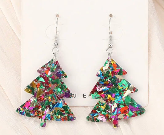 PREORDER CHRISTMAS ROUND ONE Glitter Christmas Tree Acrylic Earrings