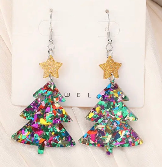 PREORDER CHRISTMAS ROUND ONE Gold Star Glitter Christmas Tree Acrylic Earrings