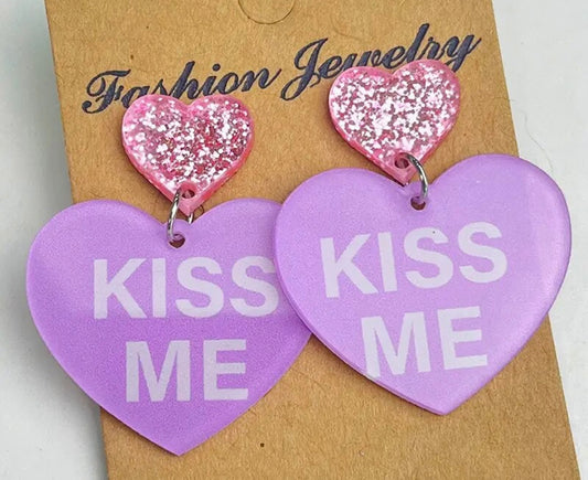 PREORDER VALENTINES DAY ROUND ONE Purple Kiss Me Convo Heart Acrylic Earrings