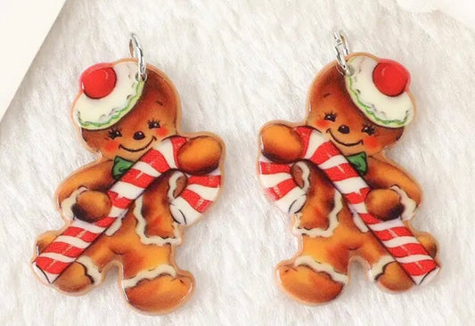 PREORDER CHRISTMAS ROUND ONE Christmas Vintage Gingerbread Man Candy Cane Acrylic Earrings