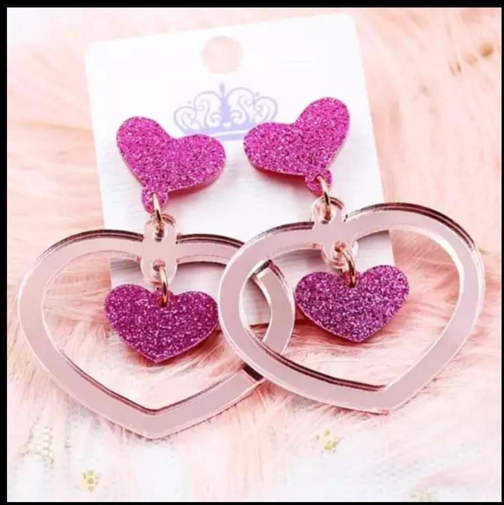 MINI PREORDER VALENTINE ROSE GOLD DOUBLE HEART ACRYLIC STUD DANGLE EARRINGS