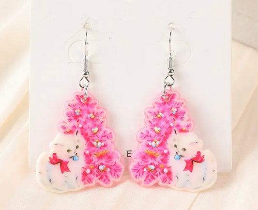 PREORDER CHRISTMAS ROUND ONE White Kitty & Pink Christmas Tree Acrylic Earrings