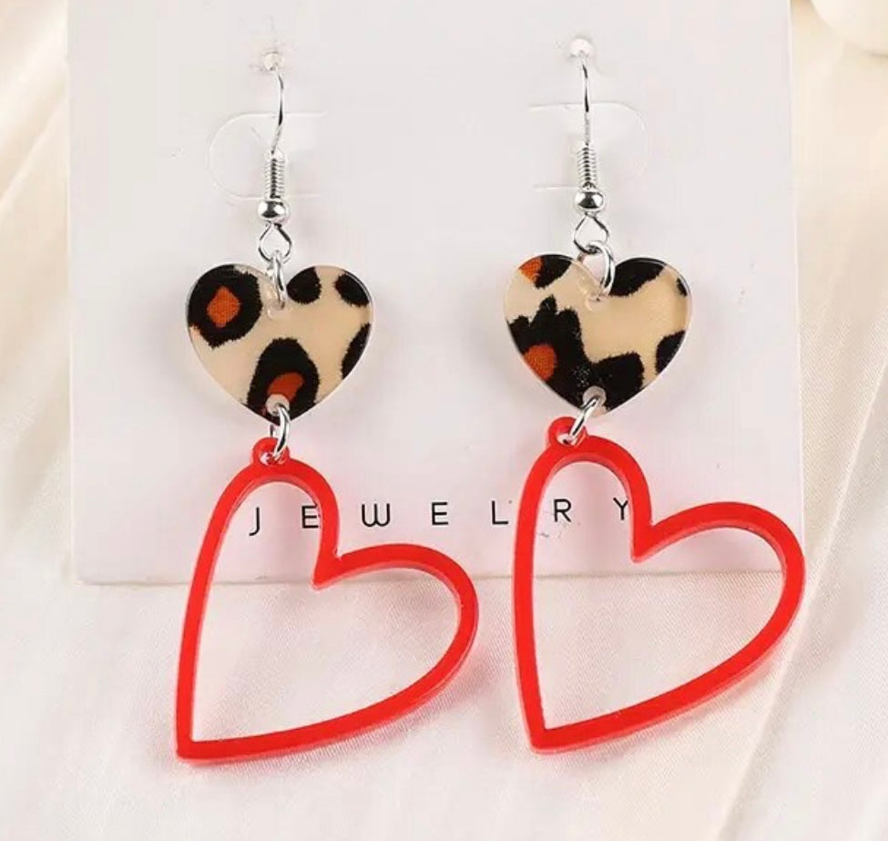 PREORDER VALENTINES DAY ROUND ONE Leopard Red Cutout Heart Acrylic Earrings.