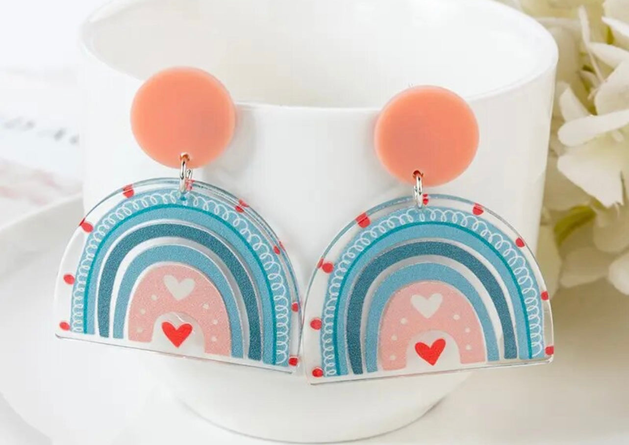 PREORDER VALENTINES DAY ROUND ONE Blue Heart Rainbow Acrylic Earrings.