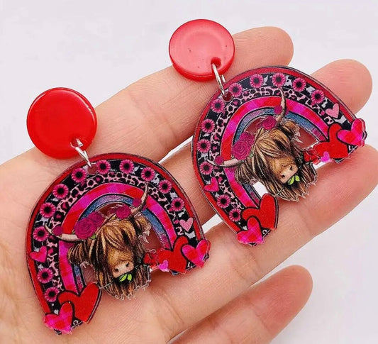 PREORDER VALENTINES DAY ROUND ONE Highlander Cow Valentine Rainbow Acrylic Earrings