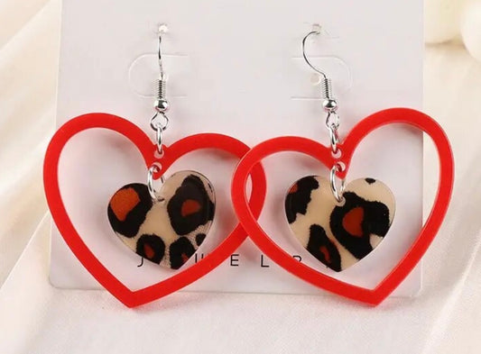 PREORDER VALENTINES DAY ROUND ONE Valentine Red Heart Inside Leopard Heart Acrylic Earrings