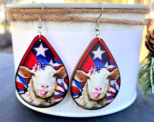 Patriotic Goat Teardrop Wooden Earrings