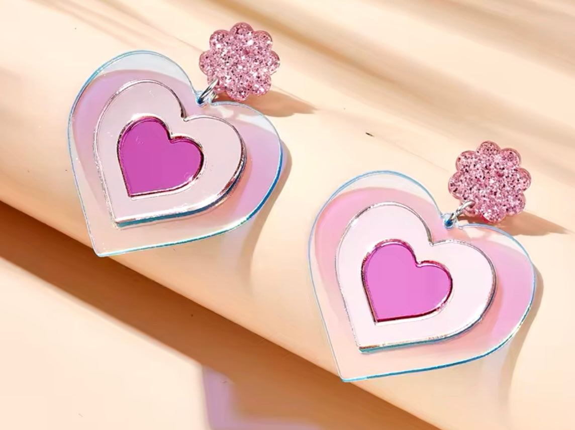 PREORDER VALENTINES DAY ROUND ONE Pink Iridescent Heart Acrylic Earrings