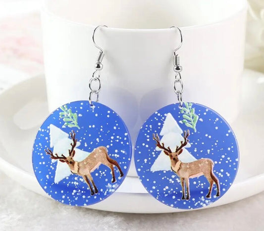 PREORDER CHRISTMAS ROUND ONE Christmas Snow Storm Reindeer Painted Acrylic Earrings