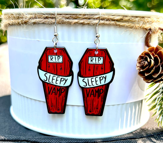 RIP Sleepy Vamp Red Coffin Acrylic Earrings