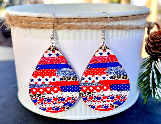 Patriotic Leopard Teardrop Wooden Earrings