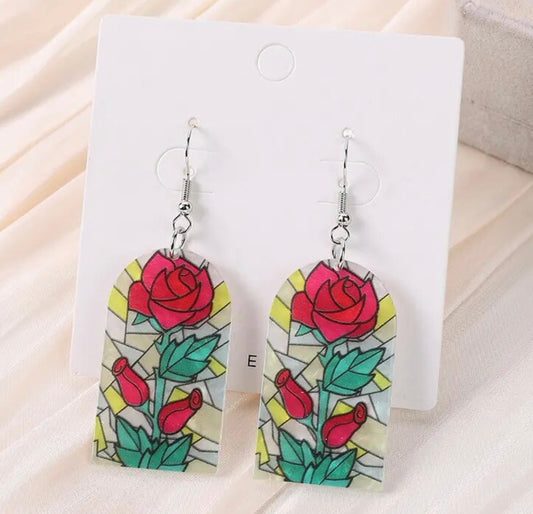 PREORDER VALENTINES DAY ROUND ONE Red Rose Stain Glass Acrylic Earrings