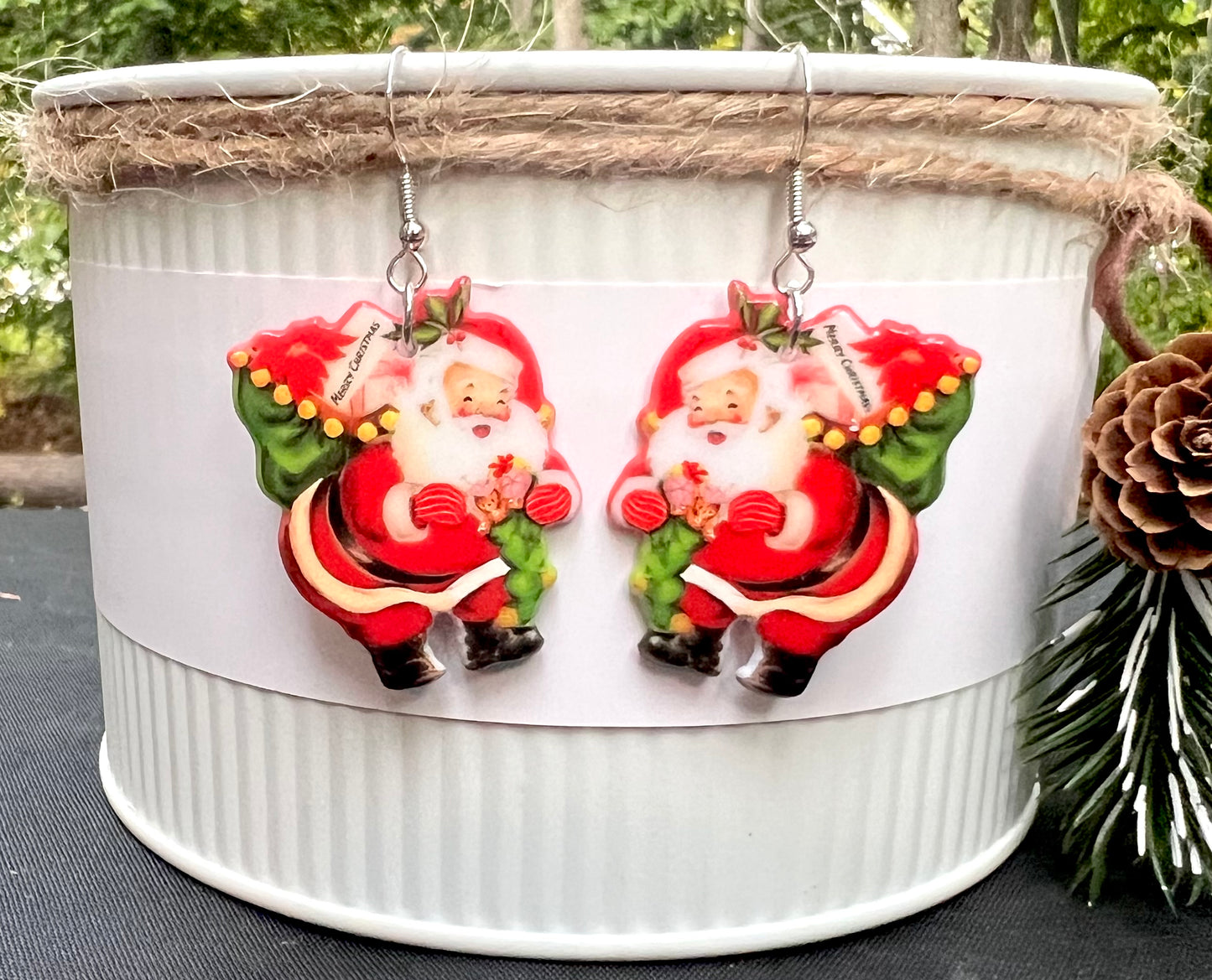 PREORDER CHRISTMAS ROUND ONE Santa & Presents Acrylic Earrings