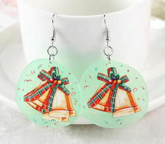 PREORDER CHRISTMAS ROUND ONE Christmas Jingle Bells Painted Acrylic Earrings