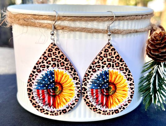 Patriotic USA Leopard Sunflower Teardrop Wooden Earrings