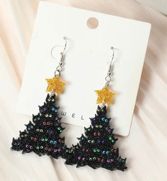 PREORDER CHRISTMAS ROUND ONE Cats In Christmas Tree Acrylic Earrings