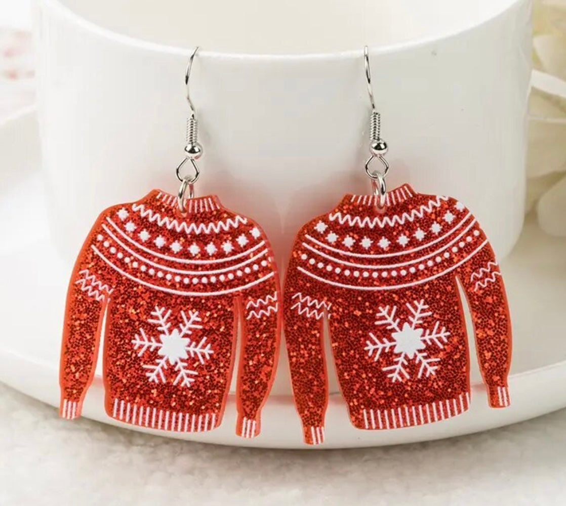 PREORDER CHRISTMAS ROUND ONE Christmas Red Snowflake Ugly Sweater Acrylic Earrings