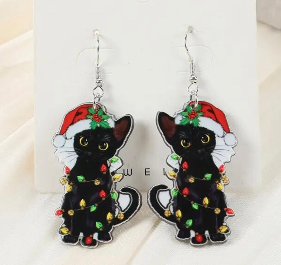 PREORDER CHRISTMAS ROUND ONE Christmas Lights & Black Cat Acrylic Earrings