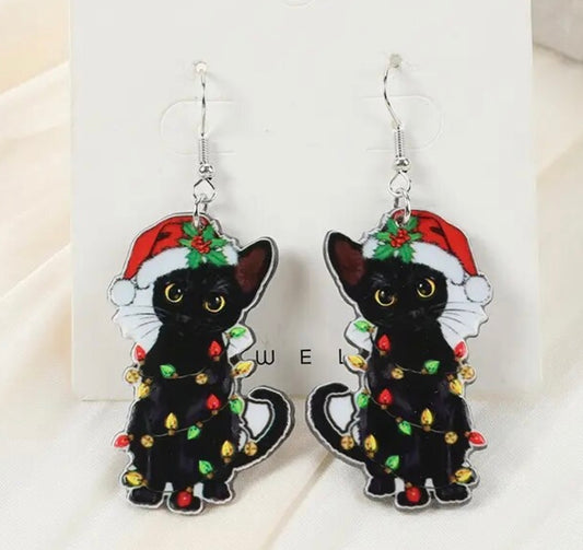 PREORDER CHRISTMAS ROUND ONE Christmas Lights & Black Cat Acrylic Earrings