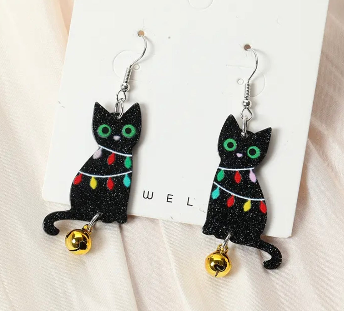 PREORDER CHRISTMAS ROUND ONE Christmas Lights & Black Cat With Bell Acrylic Earrings