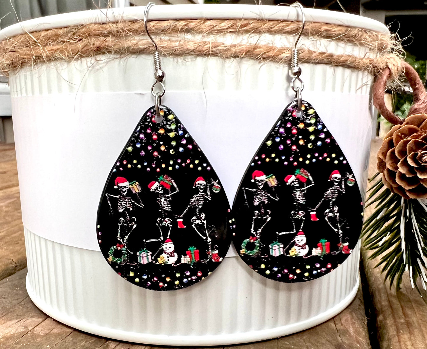 Drinking Skeletons Christmas Teardrop Acrylic Earrings