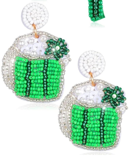 St Pattie’s Day Green Beer Seed Bead Sequin Earrings.