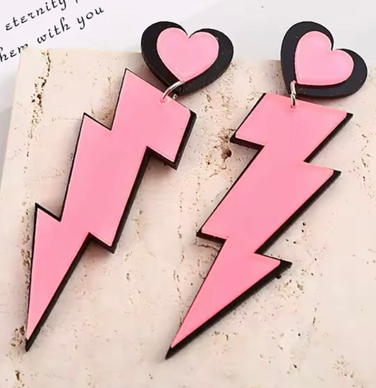 PREORDER VALENTINES DAY ROUND ONE Pink Heart Lightning Bolt Acrylic Earrings