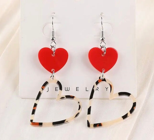 PREORDER VALENTINES DAY ROUND ONE Red Leopard Cutout Heart Acrylic Earrings.