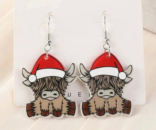 PREORDER CHRISTMAS ROUND ONE Christmas Highland Cow Acrylic Earrings