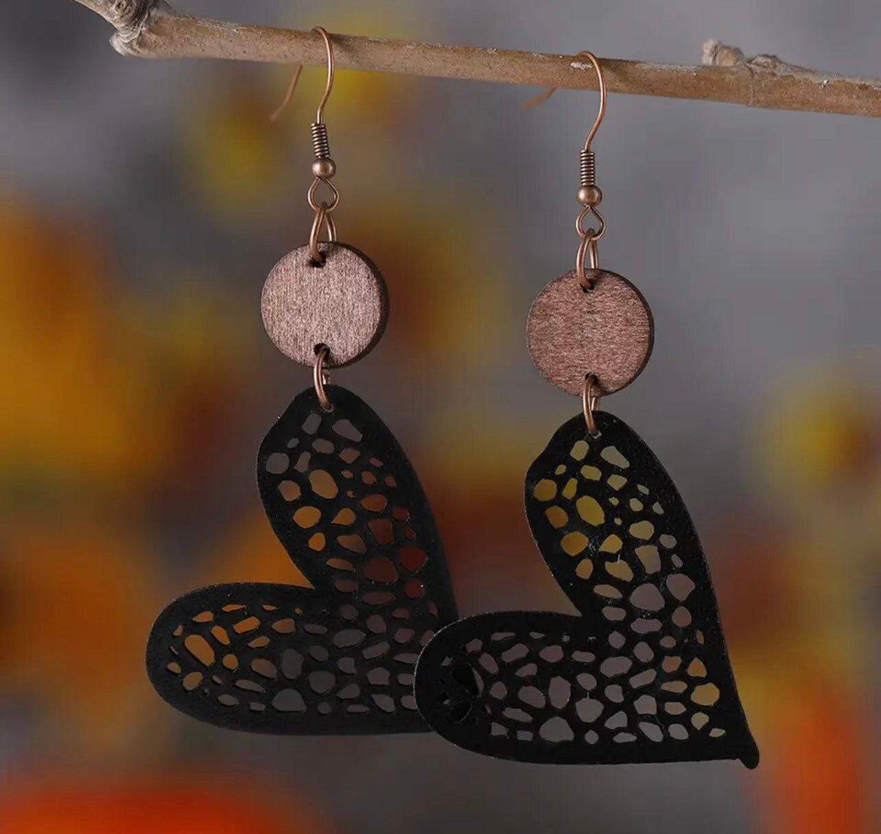 PREORDER VALENTINES DAY ROUND KNE Black Heart Cut Out Wooden Earrings.