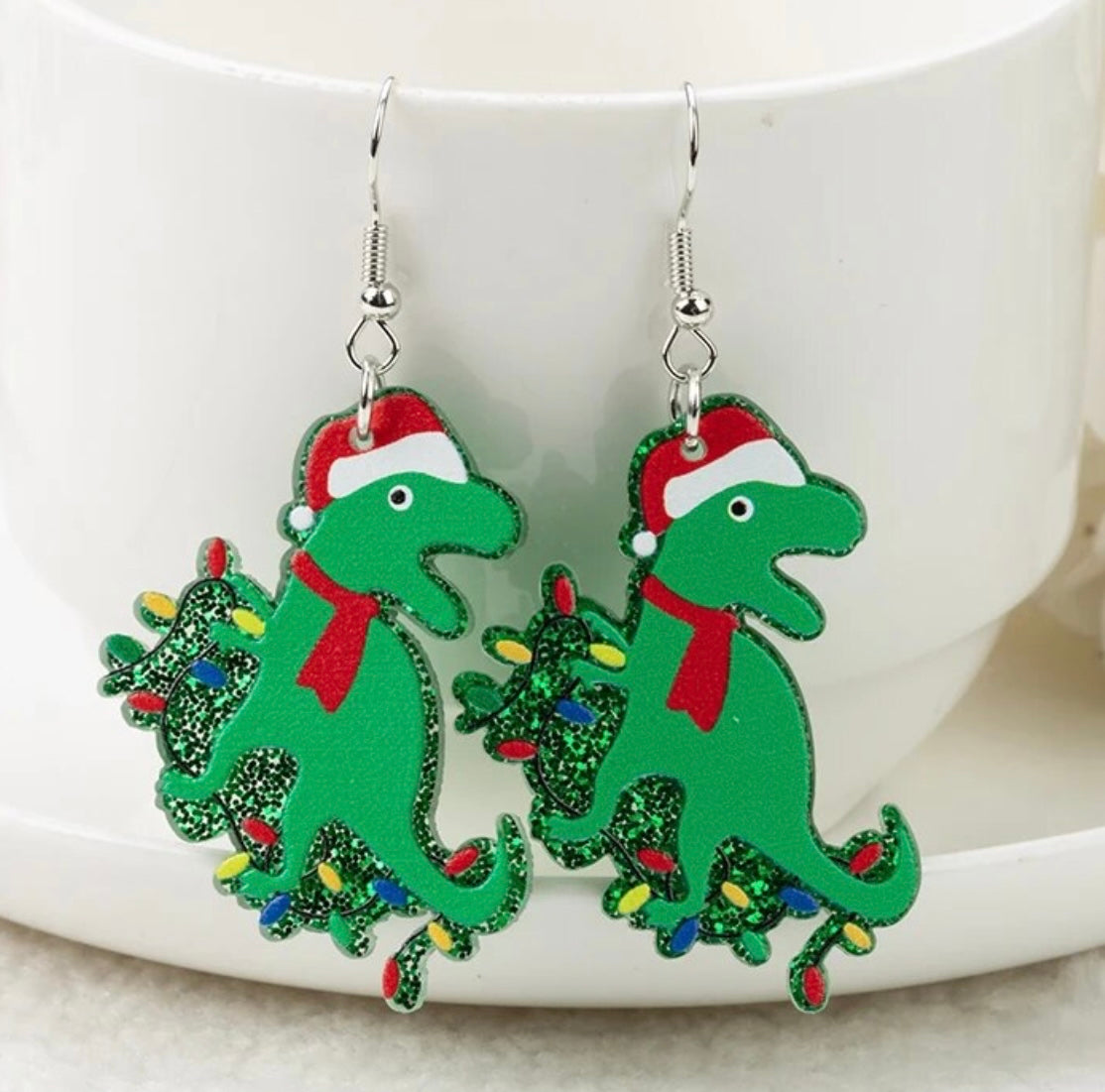 PREORDER CHRISTMAS ROUND ONE Christmas T Rex Acrylic Earrings