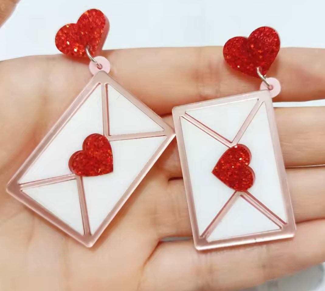 PREORDER VALENTINES DAY ROUND ONE Little Love Letter Hearts Acrylic Earrings.