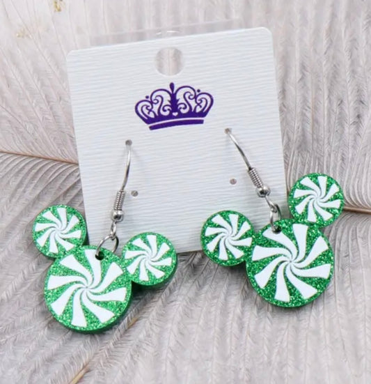 PREORDER CHRISTMAS ROUND ONE Christmas Green Peppermint Mouse Acrylic Earrings