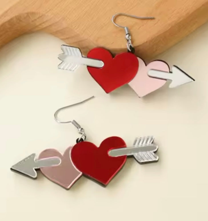 PREORDER VALENTINES DAY ROUND ONE Arrow Through The Hearts Acrylic Earrings.