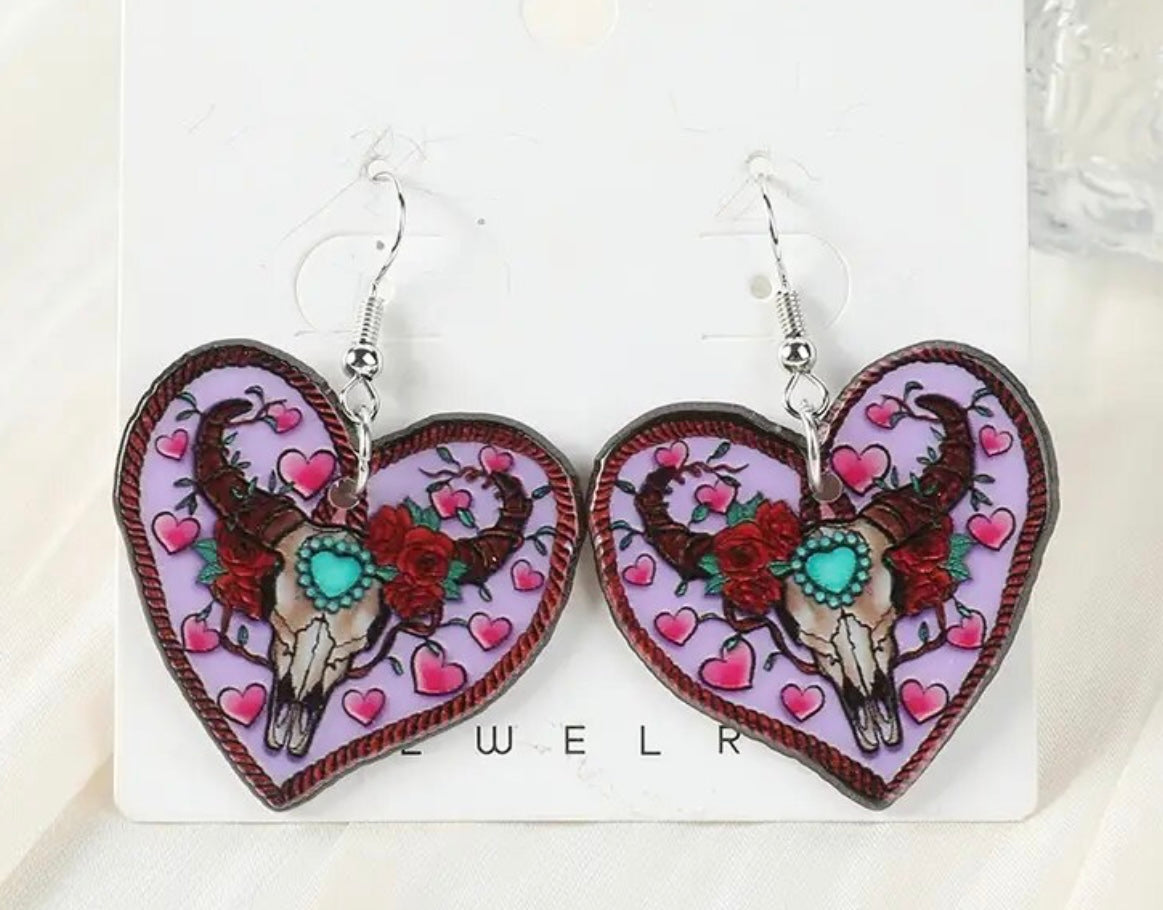 PREORDER VALENTINES DAY ROUND ONE Rodeo Cow Skull Heart Acrylic Earrings.