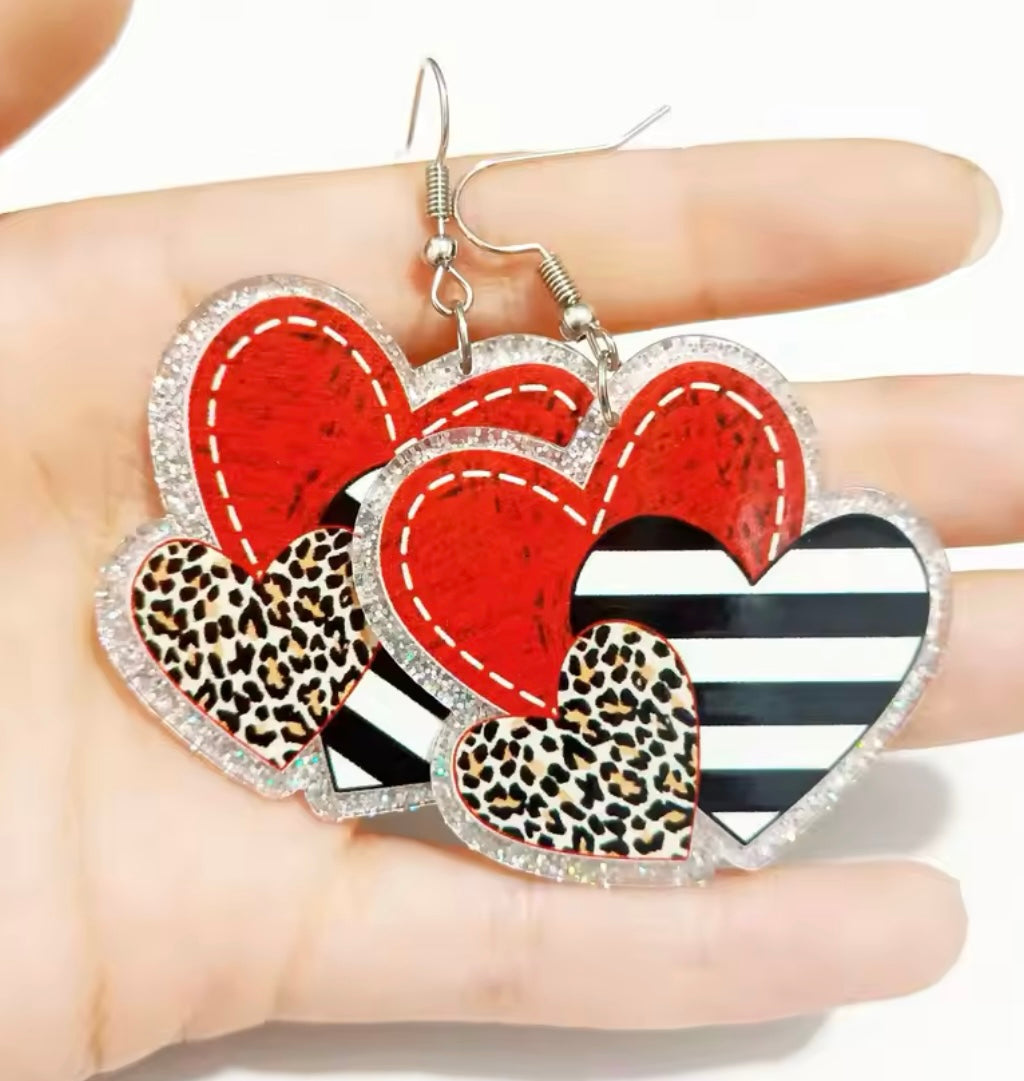 PREORDER VALENTINES DAY ROUND ONE Red Leopard Stripe Heart Acrylic Earrings.