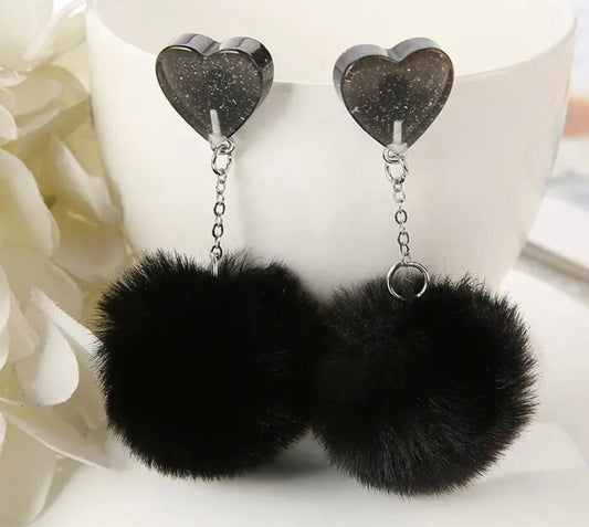 PREORDER VALENTINES DAY ROUND ONE Valentine Black Heart Pom Pom Earrings.