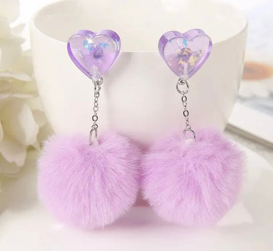 PREORDER VALENTINES DAY ROUND ONE Valentine Purple Heart Pom Pom Earrings.